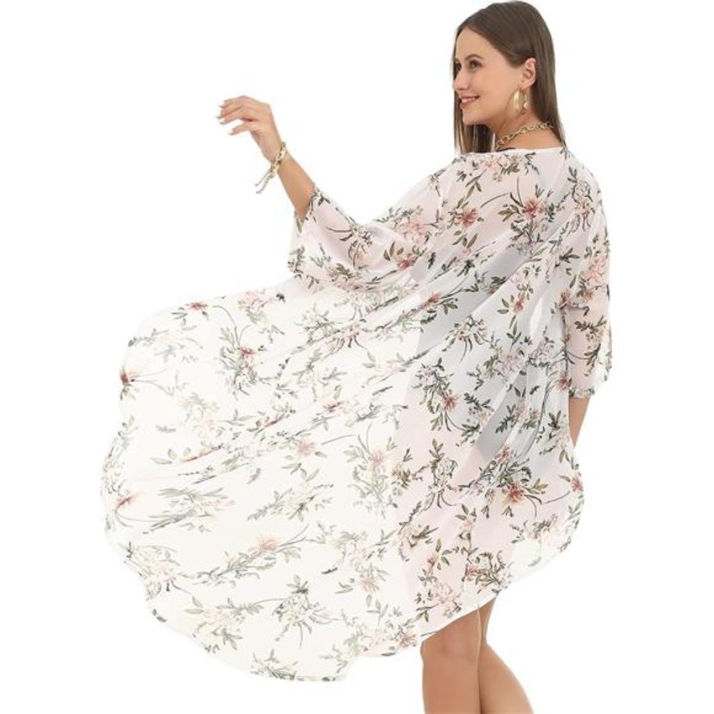 Women's Elegant Floral Kimono Cardigan Swimsuit Beach Cover up Beachwear